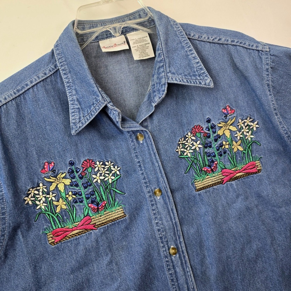 Vintage Floral Embroidered Cottagecore Denim Shirt Womens L Bobbie‎ Brooks